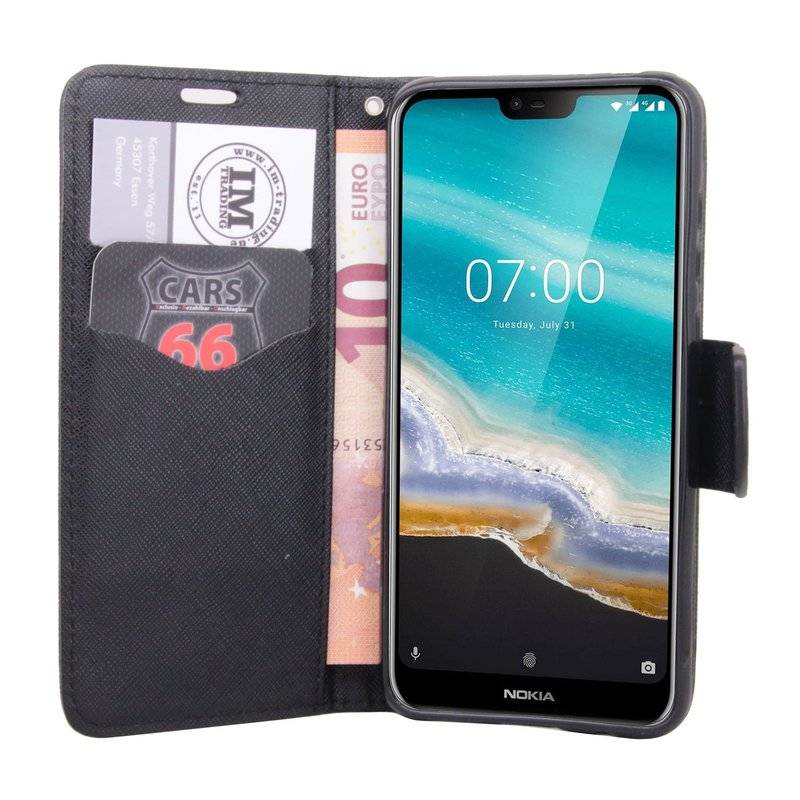 Elegante Buch-Tasche Hülle für das Nokia 7.1 (2018) in Schwarz Leder Optik Wallet Book-Style Cover Schale
