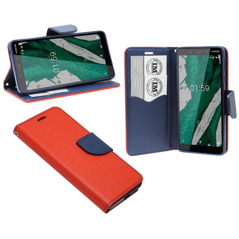 Buch Tasche "Fancy" NOKIA 1 PLUS Handy Hülle Etui Brieftasche Schutzhülle mit Standfunktion, Kartenfach Rot-Blau