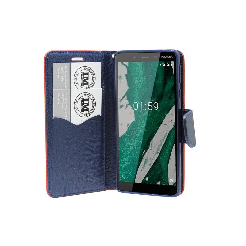 Buch Tasche "Fancy" NOKIA 1 PLUS Handy Hülle Etui Brieftasche Schutzhülle mit Standfunktion, Kartenfach Rot-Blau