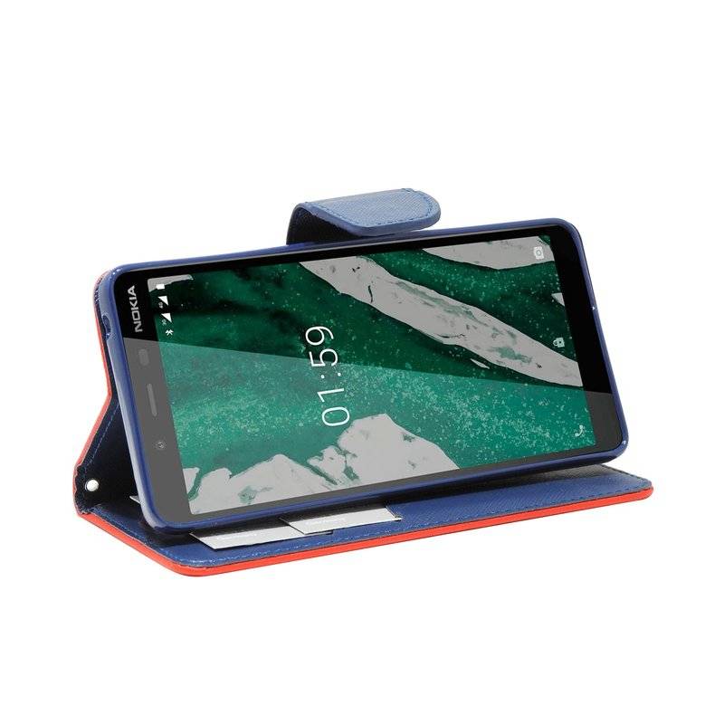 Buch Tasche "Fancy" NOKIA 1 PLUS Handy Hülle Etui Brieftasche Schutzhülle mit Standfunktion, Kartenfach Rot-Blau