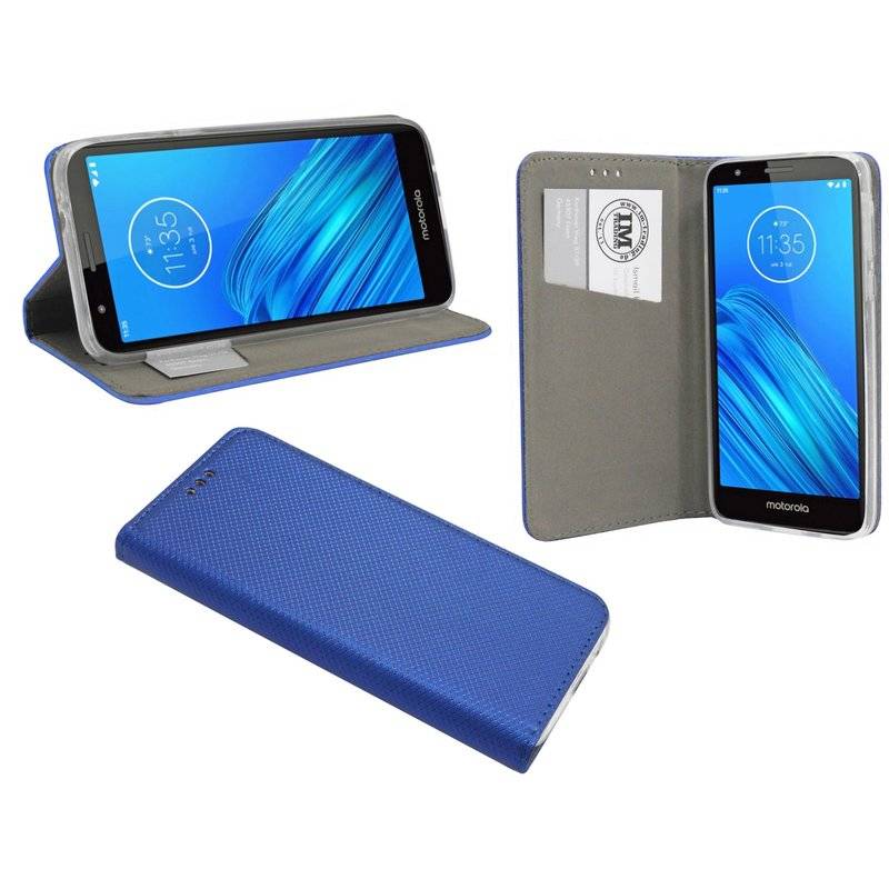 Elegante Buch-Tasche Hülle Smart Magnet MOTOROLA MOTO E6 Leder Optik Wallet Book-Style Cover Schale in Blau