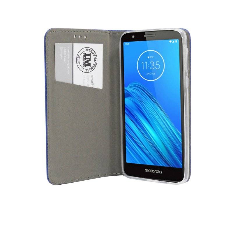 Elegante Buch-Tasche Hülle Smart Magnet MOTOROLA MOTO E6 Leder Optik Wallet Book-Style Cover Schale in Blau