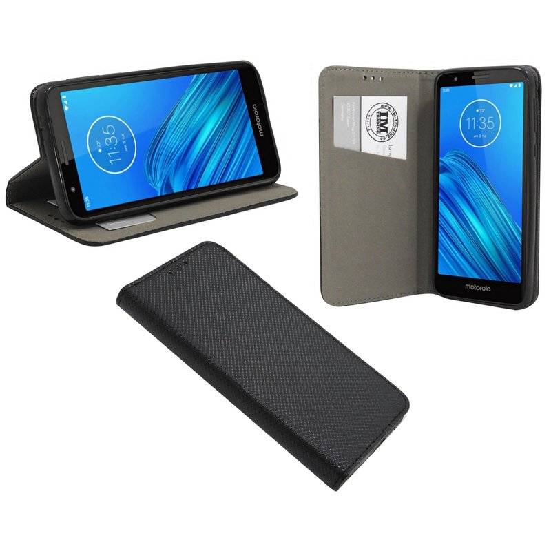 Elegante Buch-Tasche Hülle Smart Magnet MOTOROLA MOTO E6 Leder Optik Wallet Book-Style Cover Schale in Schwarz