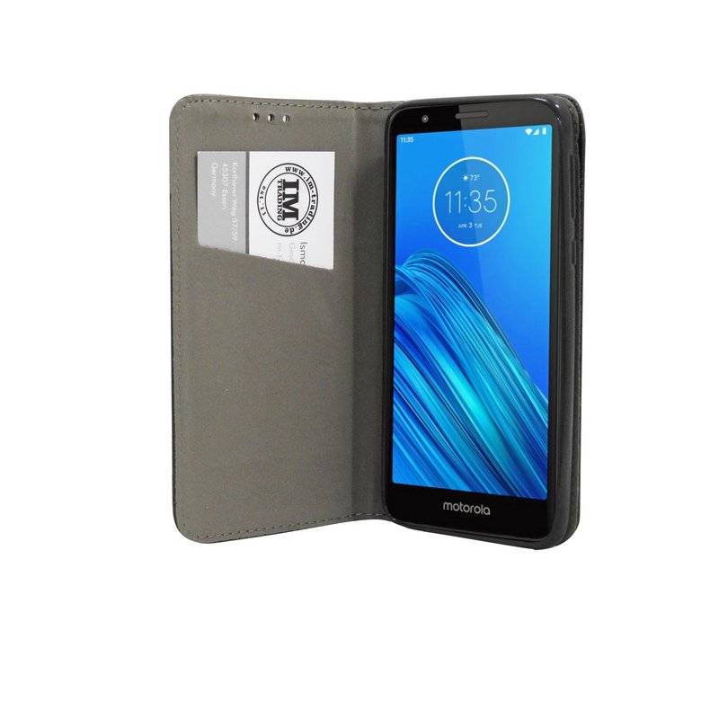 Elegante Buch-Tasche Hülle Smart Magnet MOTOROLA MOTO E6 Leder Optik Wallet Book-Style Cover Schale in Schwarz