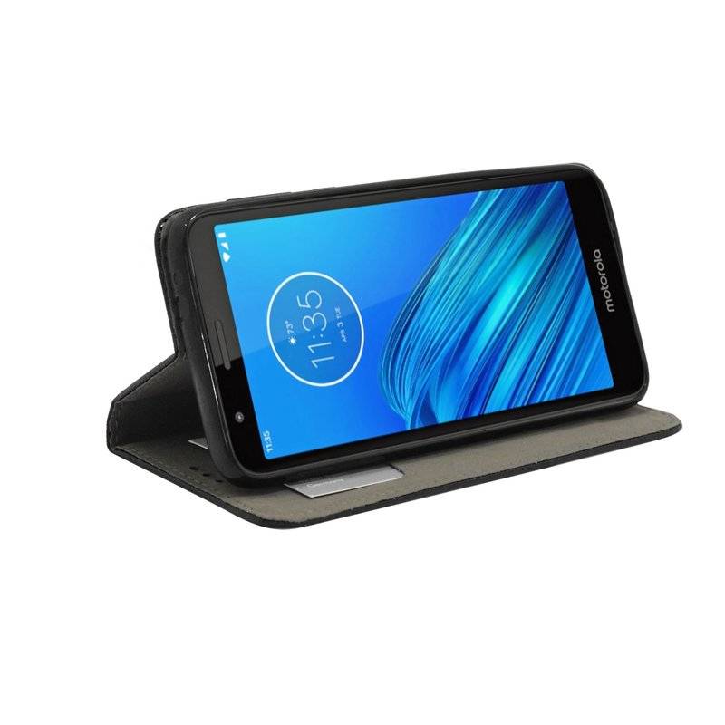 Elegante Buch-Tasche Hülle Smart Magnet MOTOROLA MOTO E6 Leder Optik Wallet Book-Style Cover Schale in Schwarz