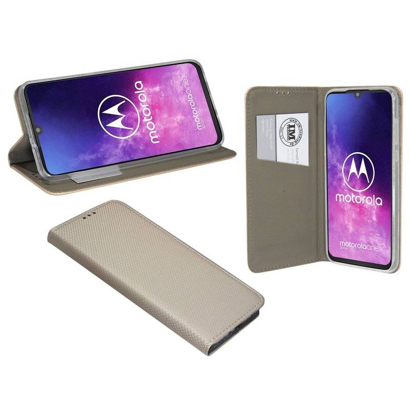 Buch Tasche "Smart" MOTOROLA ONE ZOOM Handy Hülle Etui Brieftasche Schutzhülle mit Standfunktion, Kartenfach Gold