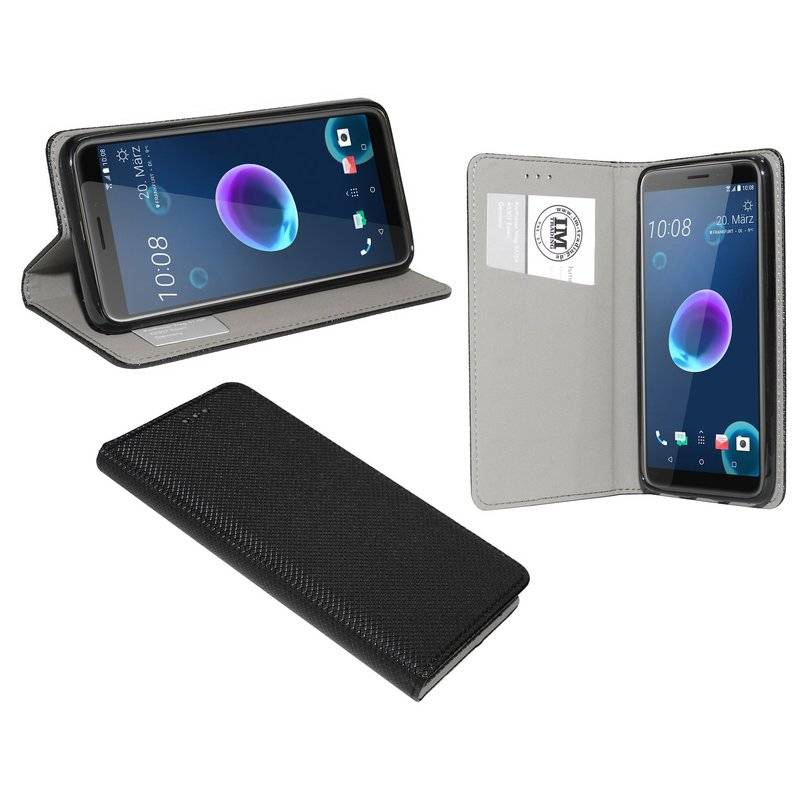 Buch Tasche "Smart" HTC DESIRE 12 Handy Hülle Etui Brieftasche Schutzhülle mit Standfunktion, Kartenfach Schwarz