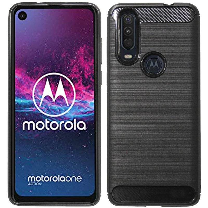 Silikon Hülle Carbon kompatibel mit MOTOROLA ONE ACTION TPU Case Soft Handyhülle Cover Schutzhülle Schwarz