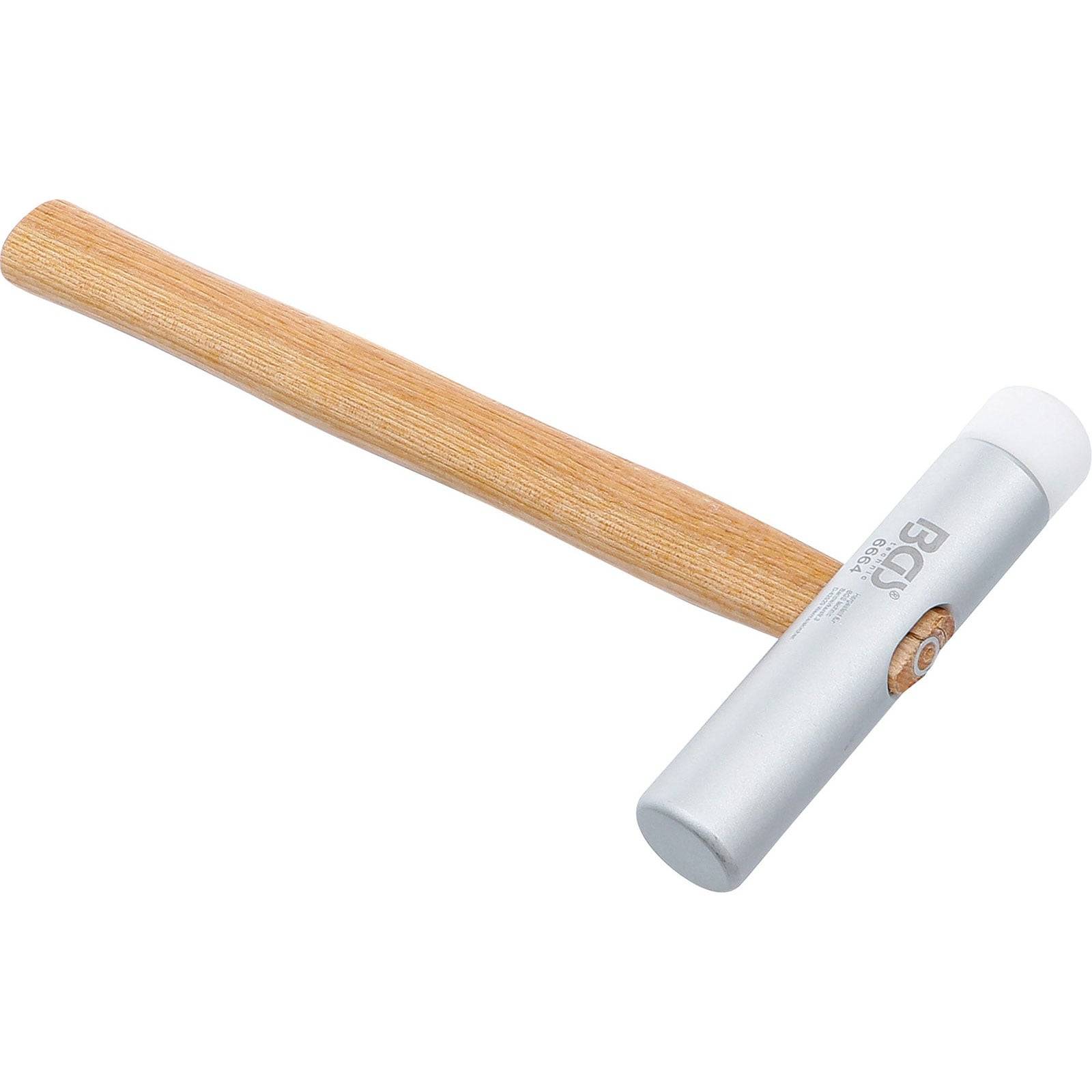 Ein leichter Holzgriff-Hammer mit einem silbernen Kopf, der für präzise Aufgaben verwendet wird, die eine sanfte Kraftanwendung erfordern.