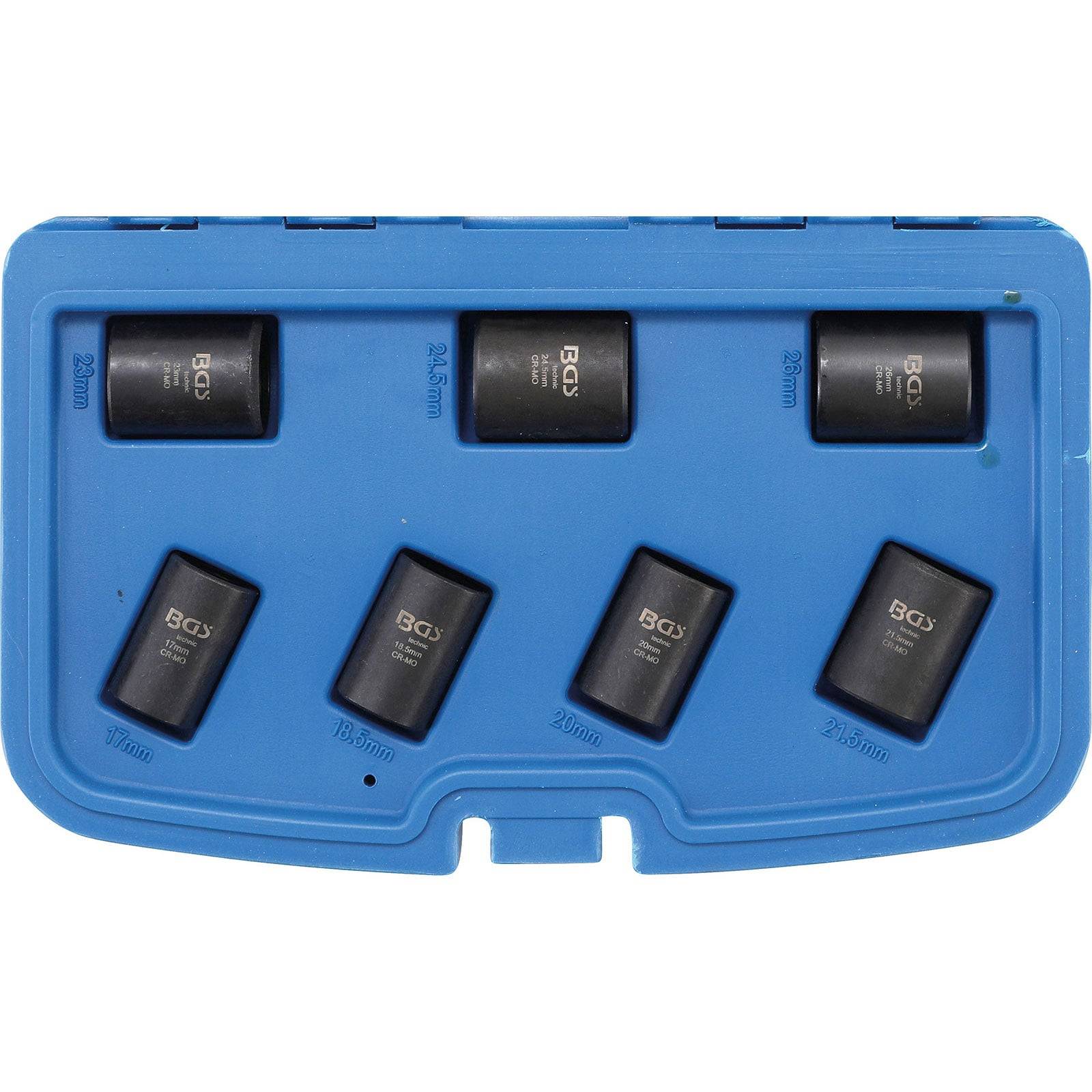 Eine blaue Plastikbox mit sechs schwarzen Steckdosen für einen 1/2