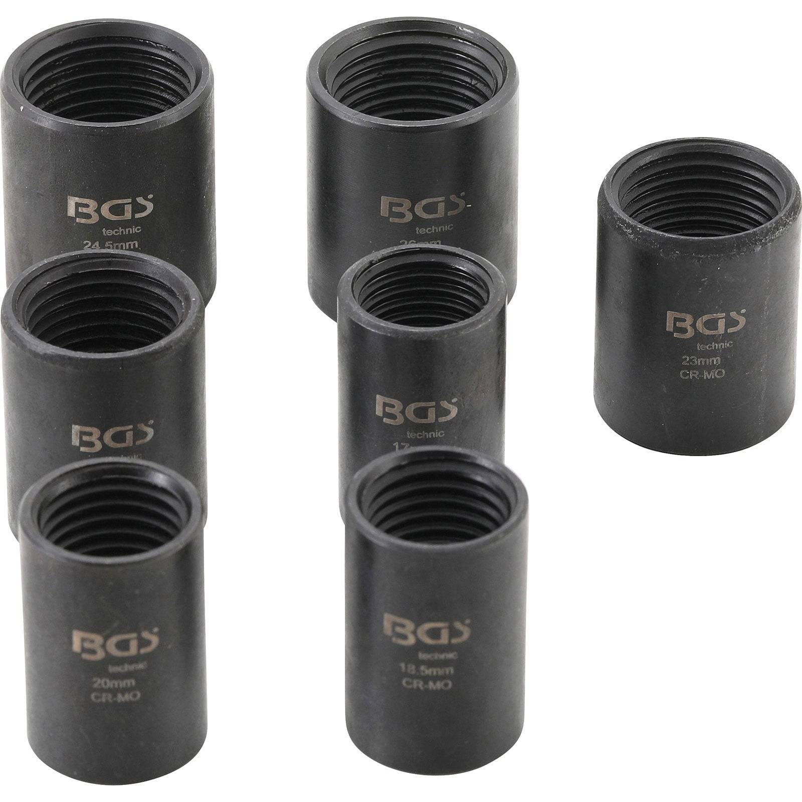 Satz schwarzer BGS Werkzeug-Adaptoren mit verschiedenen Durchmessern und Markierungen, einschließlich 10mm, 15mm und 24mm.