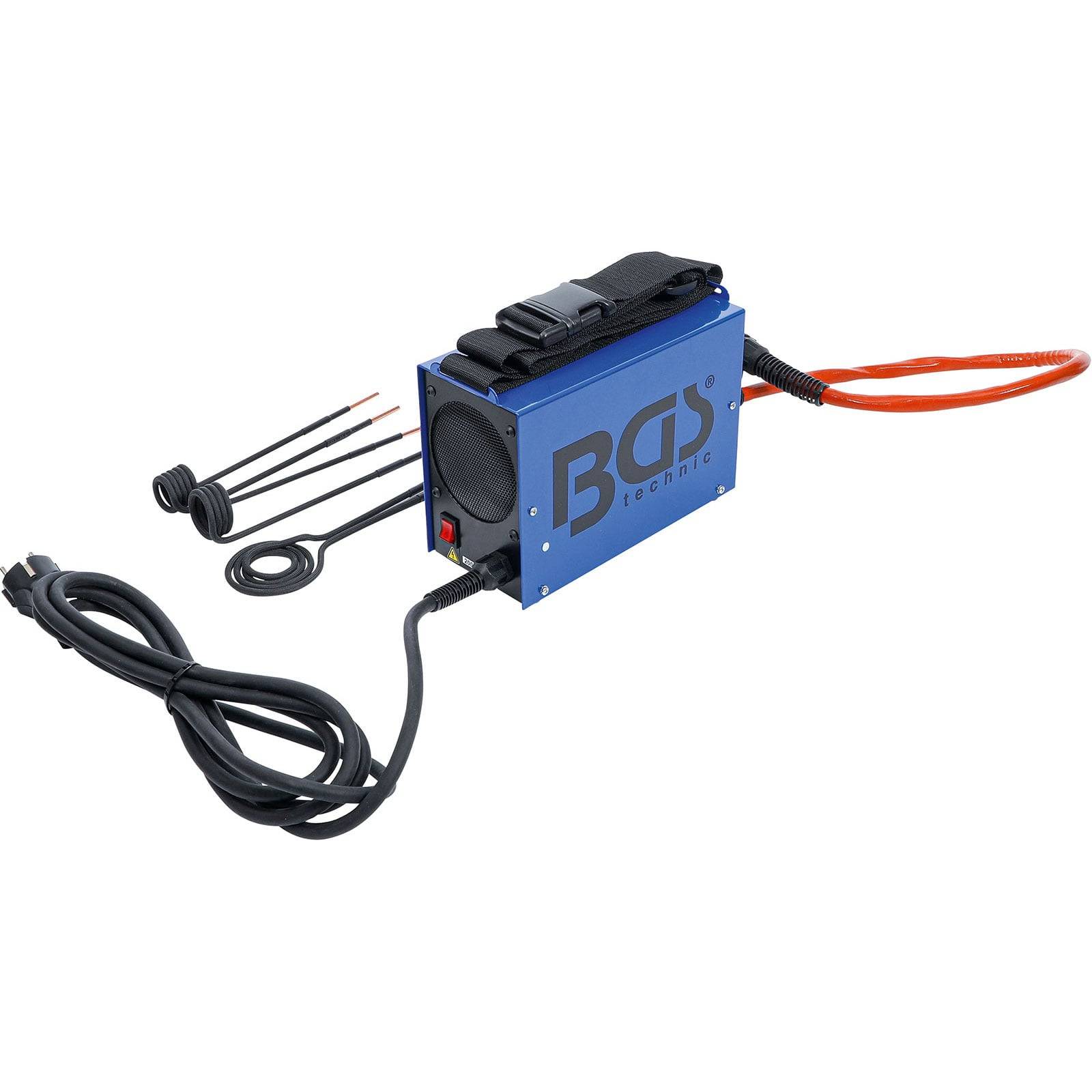 Ein blauer Induktionsheizer mit schwarzen Kabeln und Messsonden, der für die Autoreparatur verwendet wird. Das Logo von 'BGS Technic' ist an der Seite sichtbar.