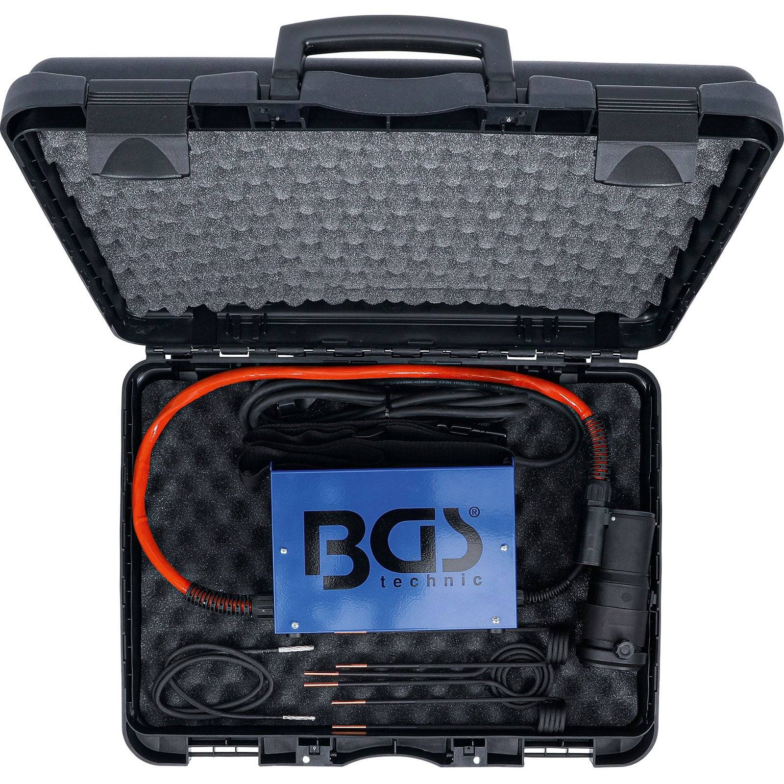 Ein offener schwarzer Werkzeugkoffer, der ein orangefarbenes Kabel, eine blaue BGS-Marken-Steuerbox, einen schwarzen flexiblen Schlauch und verschiedene elektrische Anschlüsse enthält.