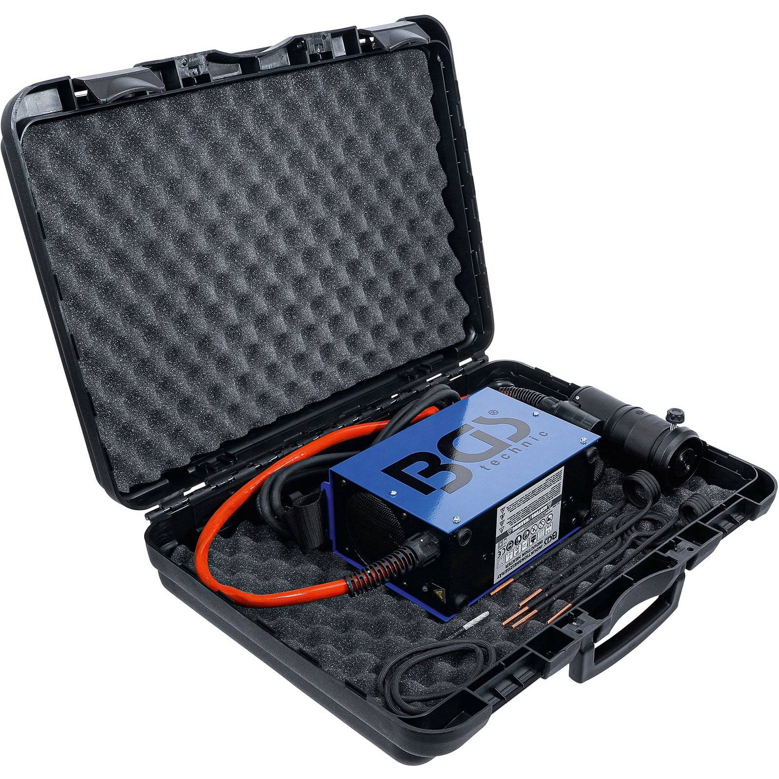 Ein schwarzes Hartschalengehäuse mit einem BCP Systems elektronischen Gerät, Kabeln und Zubehör, wahrscheinlich für technische Arbeiten oder Wartung.