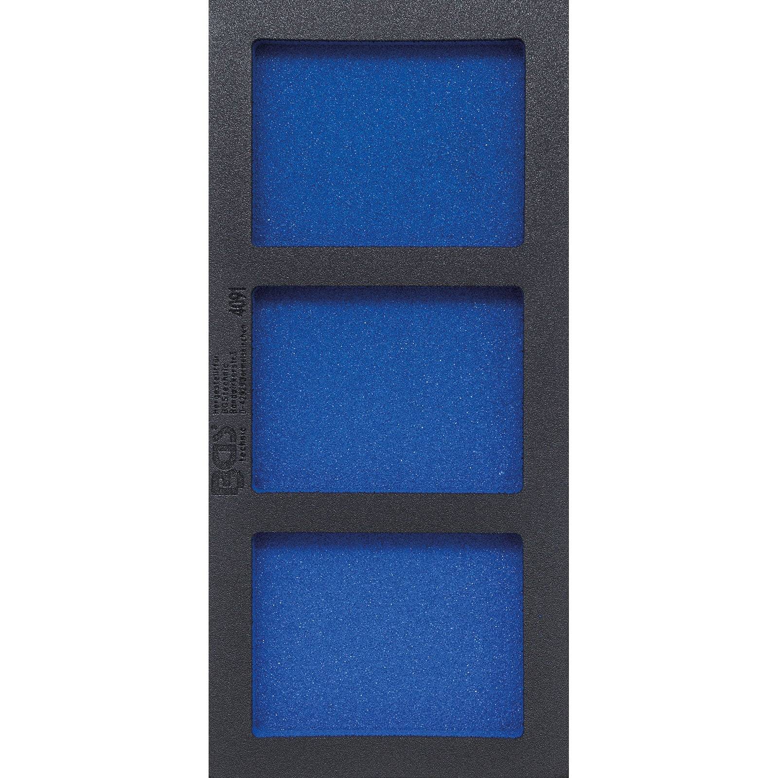 Drei rechteckige blaue Filter in einem schwarzen Halter, vertikal angeordnet.