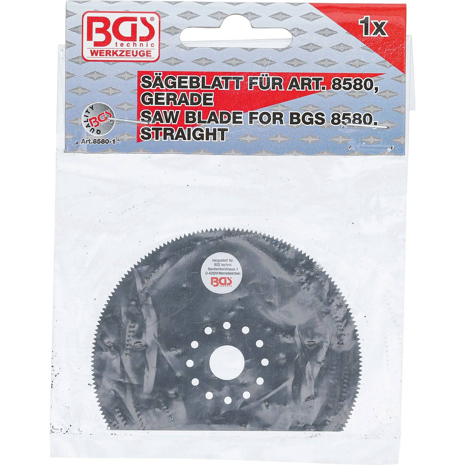 Sägeblatt der Marke BGS für Modell 8580, gekennzeichnet als 'Sägeblatt für Art. 8580, Gerade' und 'Saw Blade for BGS 8580, Straight'.