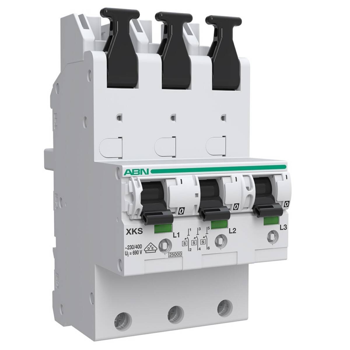Dreipoliger ABB-Schalter mit drei schwarzen Schalthebeln und Beschriftung L1, L2, L3 auf weißem Hintergrund.