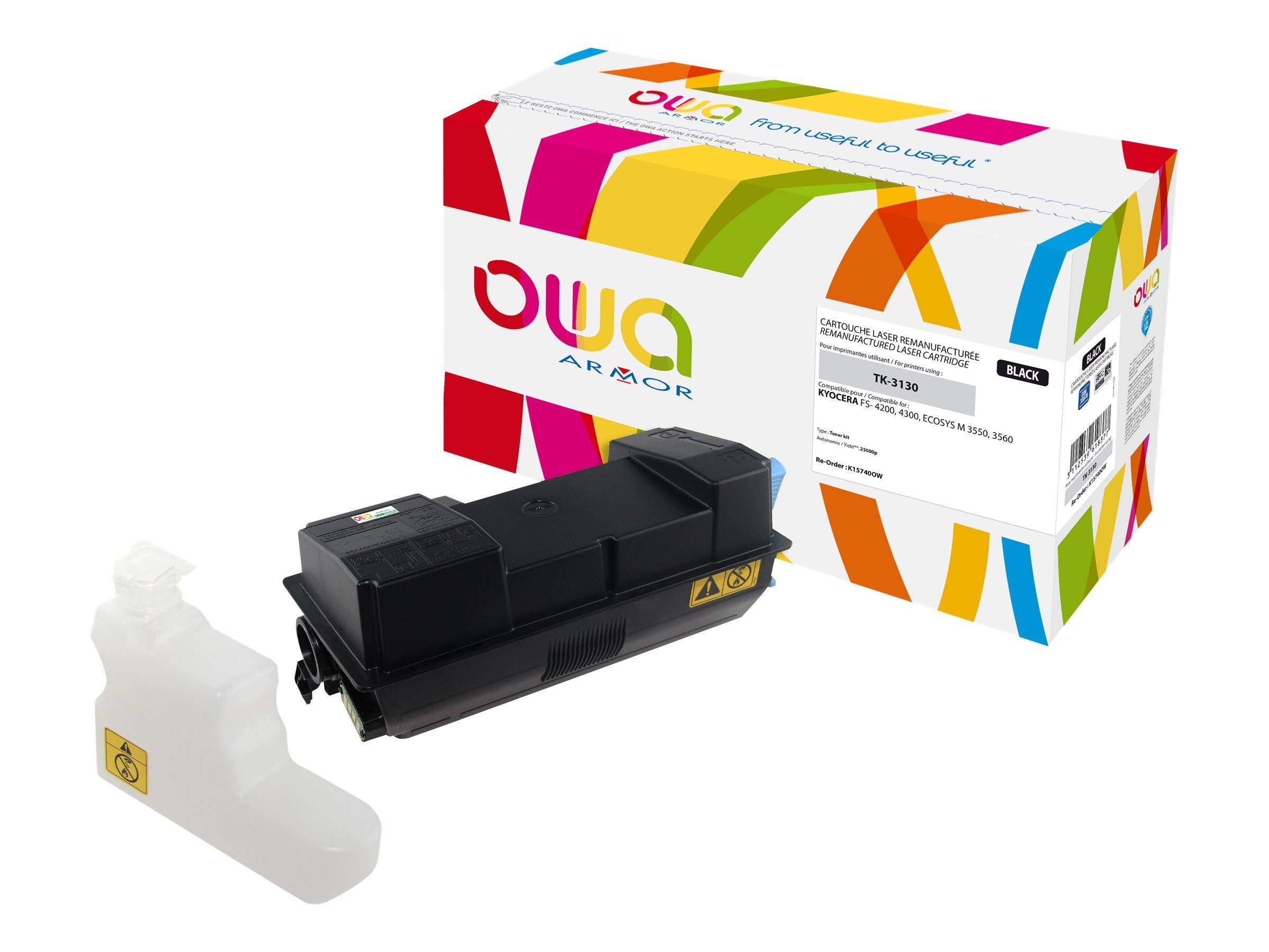 Schwarze Druckertonerkassette mit ihrer farbenfrohen OWA Arkon-Einzelhandelsverpackung und einem weißen Schutzverpackungsstück daneben abgebildet.