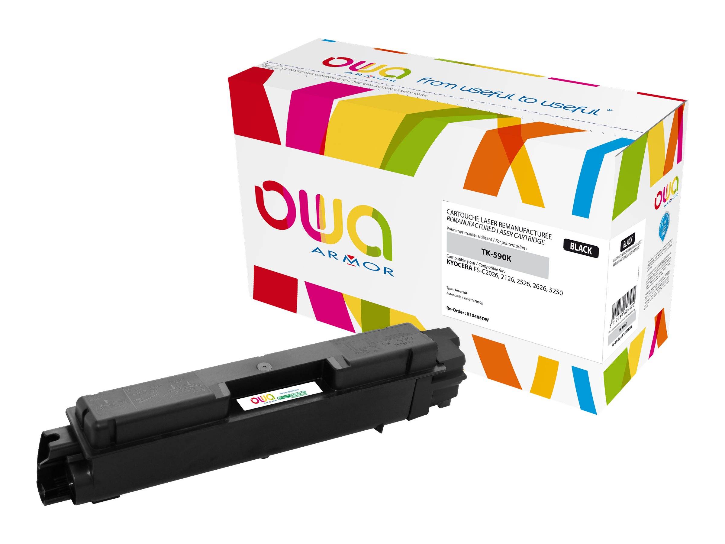 Schwarze Druckertonerkassette vor einer farbenfrohen 