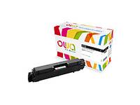 Schwarze Druckertonerkassette neben einer farbenfrohen Produktbox auf weißem Hintergrund.
