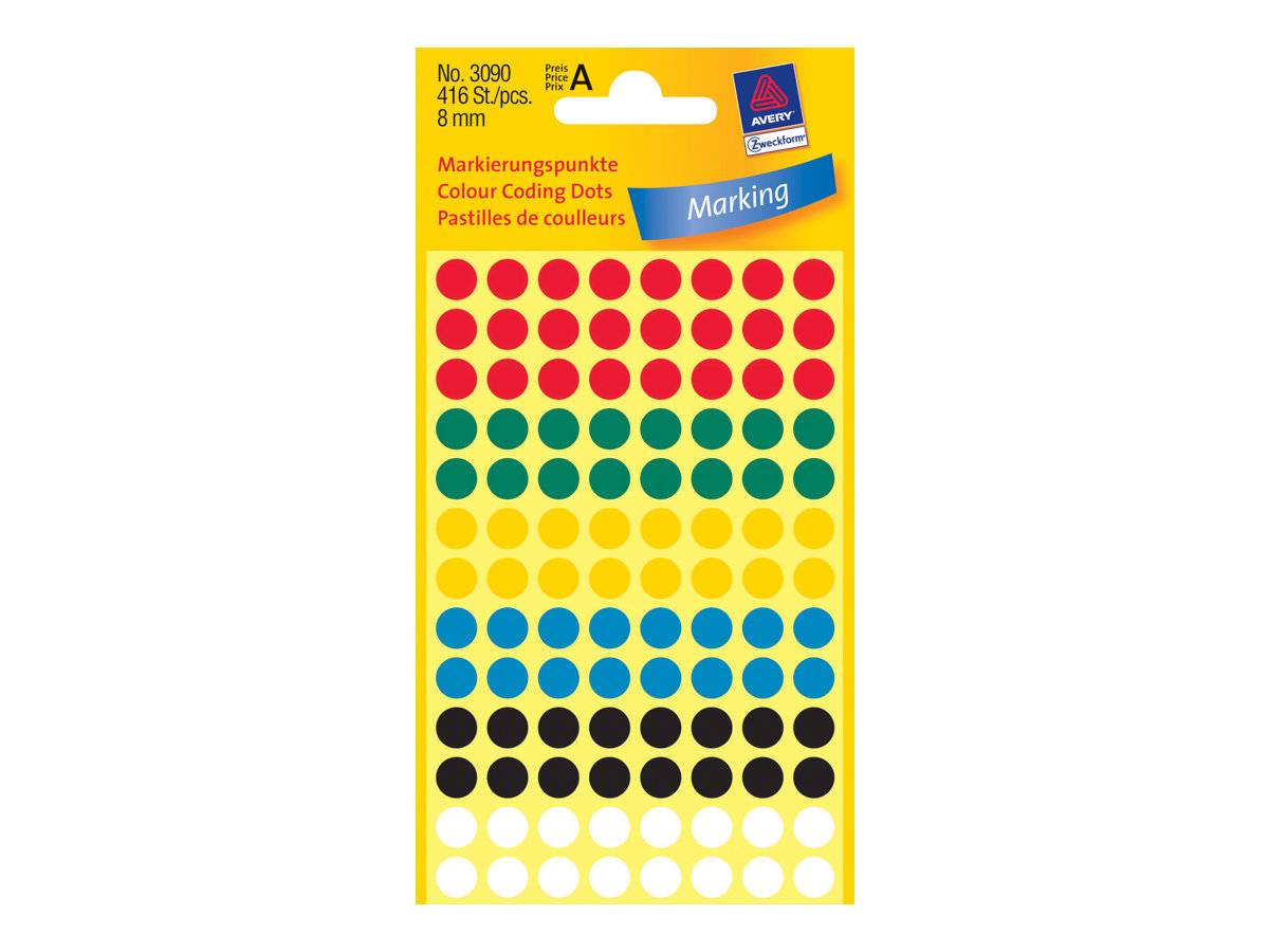 Avery Zweckform - Farbkodierungspunkt - 0,8 cm Duchmesser - Schwarz, weiß, Blau, Gelb, Rot, grün (Packung mit 416)