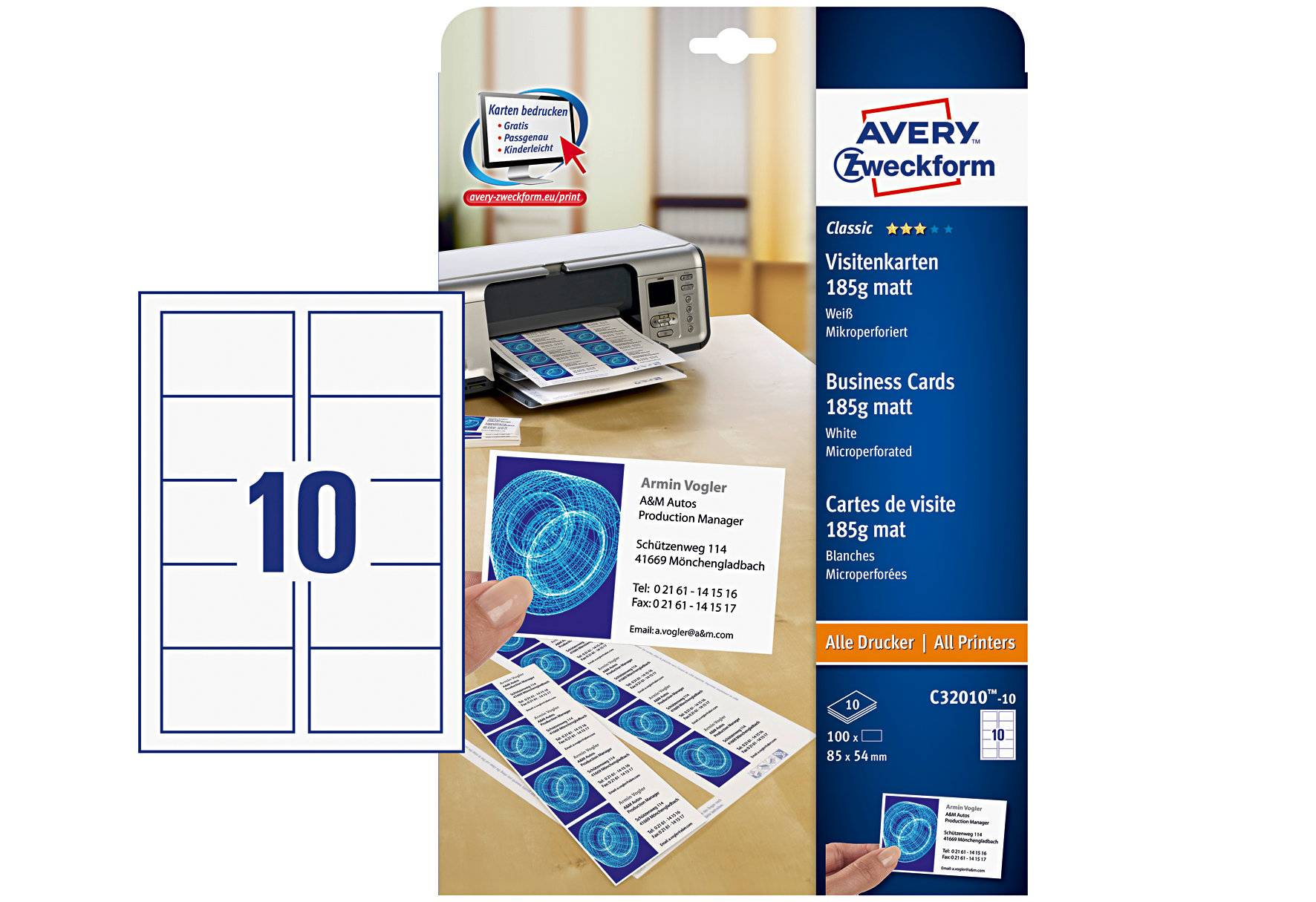 AVERY ZWECKFORM Visitenkarten C32010-10 185g matt 85x54mm 10 Blatt á 10 Karten
