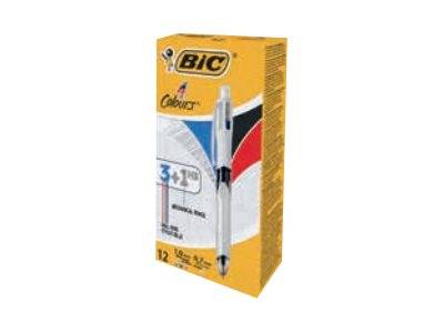 BIC 4 Colours 3+1HB - 3 Farbtintenroller und Druckbleistift im Kombipack - Schwarz, Rot, Blau, Grau - verstellbar - mit Radierer (Packung mit 12)