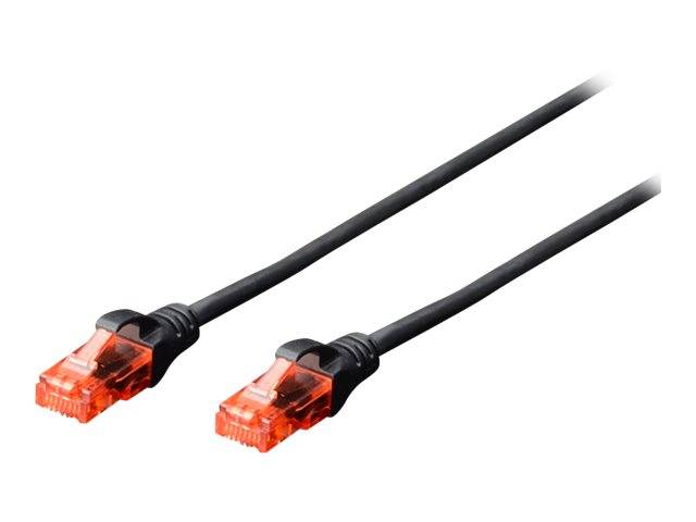Zwei schwarze Ethernet-Kabel mit orangefarbenen RJ45-Steckern auf weißem Hintergrund.