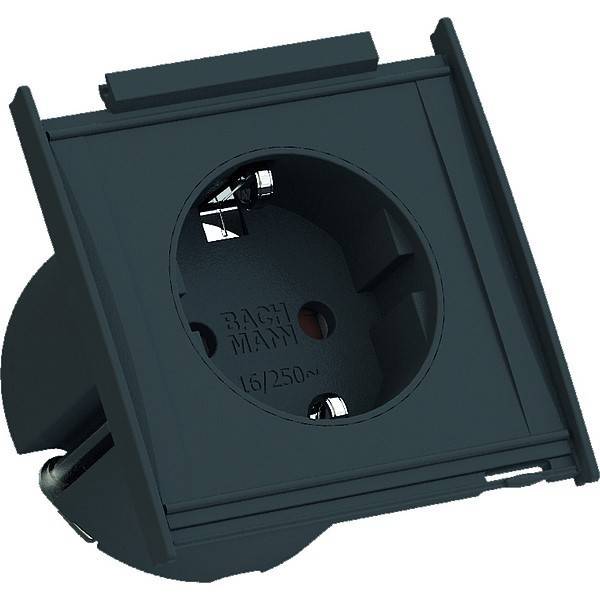 Eine schwarze, quadratische elektrische Steckdose mit zwei runden Löchern und einem Erdungsbolzenschlitz, für die Wandmontage konzipiert.