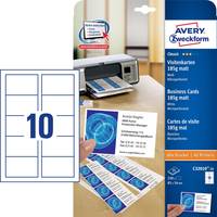Avery Zweckform Etikettenbogen mit 10 Etiketten, dargestellt mit einem Drucker und gedruckten Visitenkarten als Druckbeispiel.