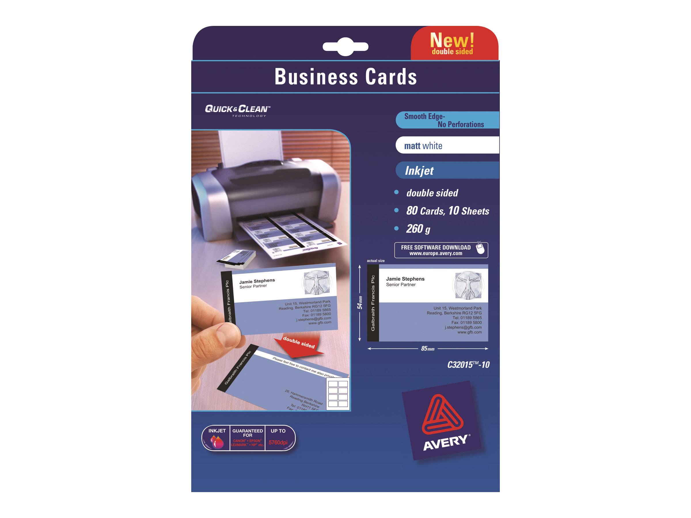 Avery Quick & Clean Visitenkarten-Paket, matter weißer Inkjet-Karten, beidseitig bedruckbar, 80 Karten in 10 Blättern, mit beispielhaft bedruckten Karten abgebildet.