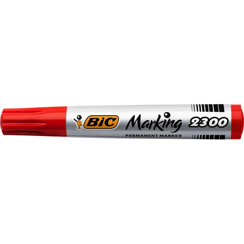 Roter BIC Marking 2300 Permanentmarker, horizontal auf weißem Hintergrund dargestellt.