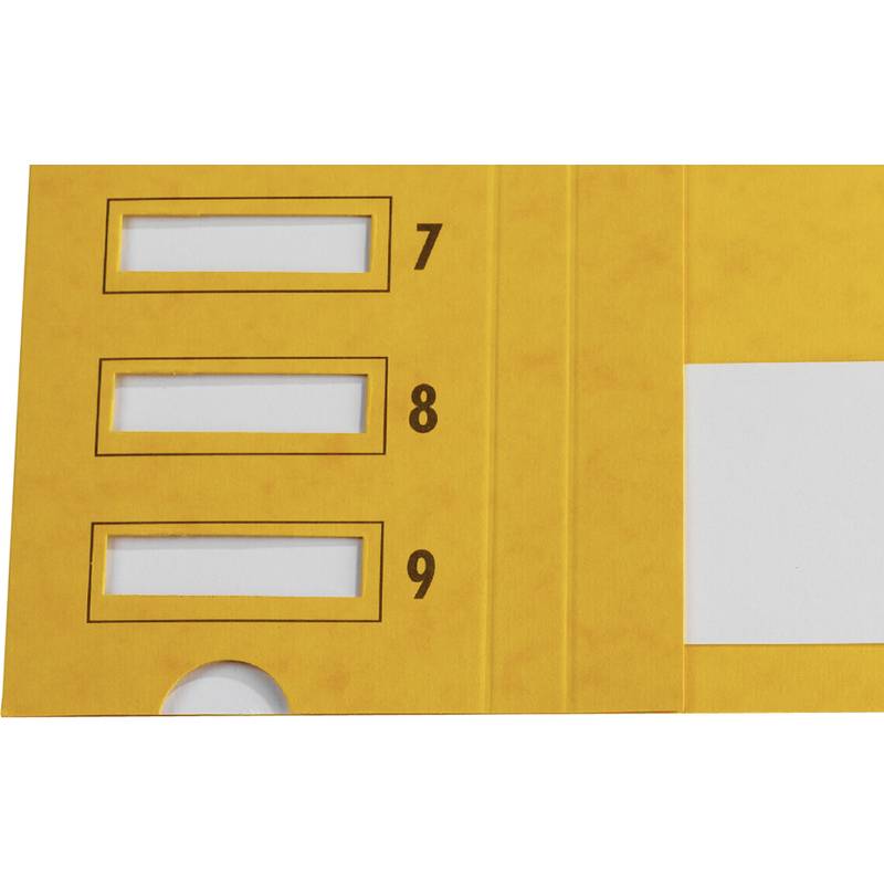 Gelber Stimmzettelumschlag mit ausgeschnittenen Fenstern, die mit '7', '8' und '9' beschriftet sind, zum Einlegen von Stimmzetteln vorgesehen.
