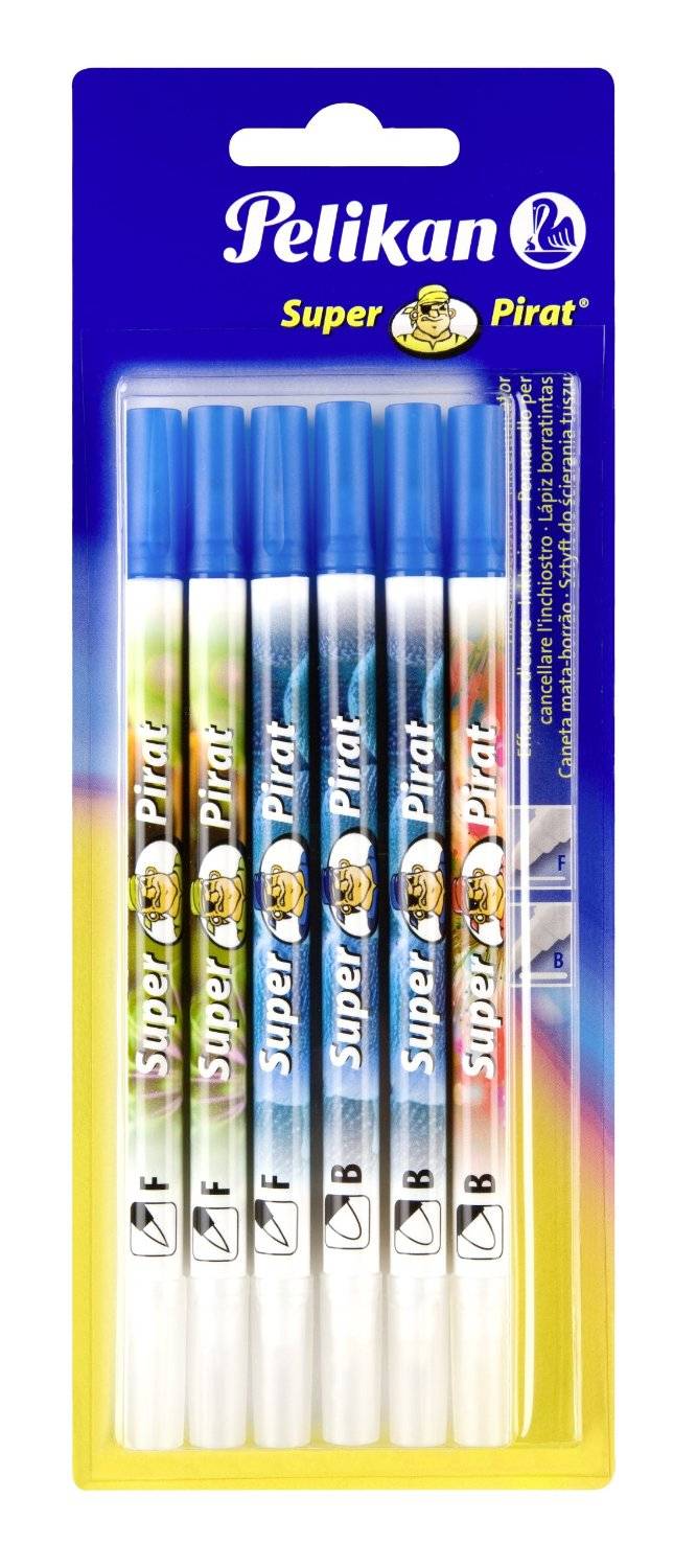 Blisterpackung mit sechs Pelikan Super Pirat Korrektionsstiften mit blauen Kappen und weißen Schäften auf einer gelben Kartonrückseite.