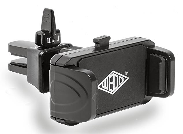 Schwarze Smartphone-Autohalterung/Halter mit verstellbarer Klemmvorrichtung und Saugnapf-Basis auf weißem Hintergrund.