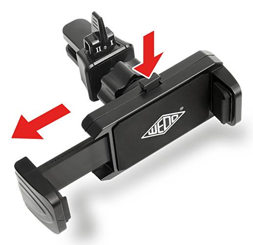 Black Wedo verstellbare Telefonhalterung mit ausziehbarem Arm, Seitengriffen und zwei roten Pfeilen, die auf die verstellbaren Teile hinweisen.
