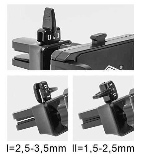 Nahaufnahme eines Geräteverstellhebels mit zwei Positionen mit den Beschriftungen I und II; I passt für 2,5-3,5 mm, II passt für 1,5-2,5 mm.