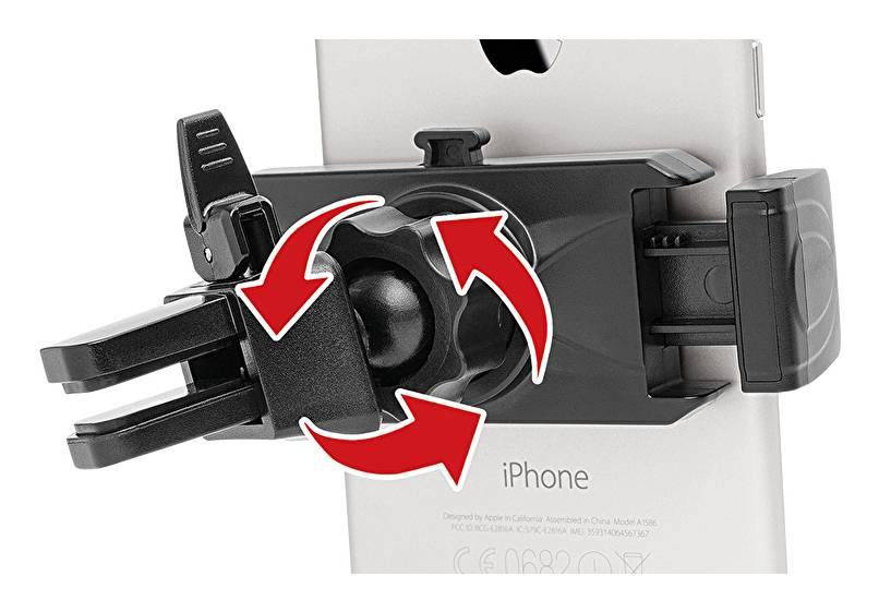 Schwarze Auto-Lüftungsschlitz-Handyhalterung, die an einen Fahzeuglüftungsschlitz geklemmt ist, wird an einer iPhone-Box befestigt gezeigt, mit roten Pfeilen, die die verstellbare Rotation anzeigen.