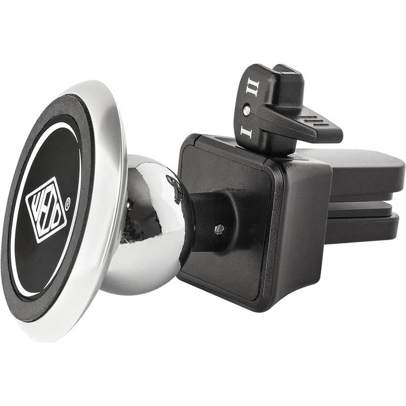 Ein magnetischer Autohandyhalter mit einer runden, silbernen Basis und einer schwarzen quadratischen Klemmvorrichtung, die für die Befestigung an einer Fahrzeug-Lüftungsöffnung konzipiert ist.