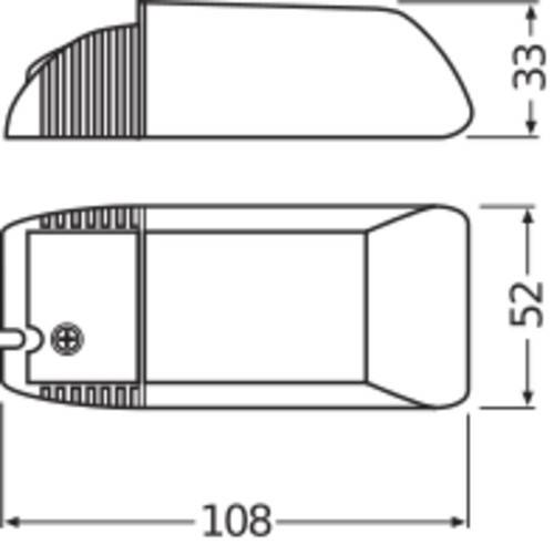 Abmessungen zweier mechanischer Teile: 33 mm Höhe, 108 mm Länge und 52 mm Breite, dargestellt aus Seiten- und Draufsicht.