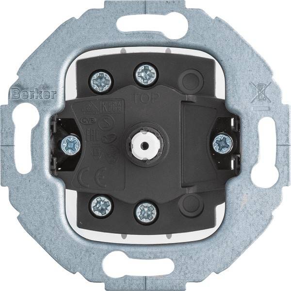 Ein Elektroschalter-Mechanismus aus Metall und Kunststoff mit Schrauben und Montageplatte.
