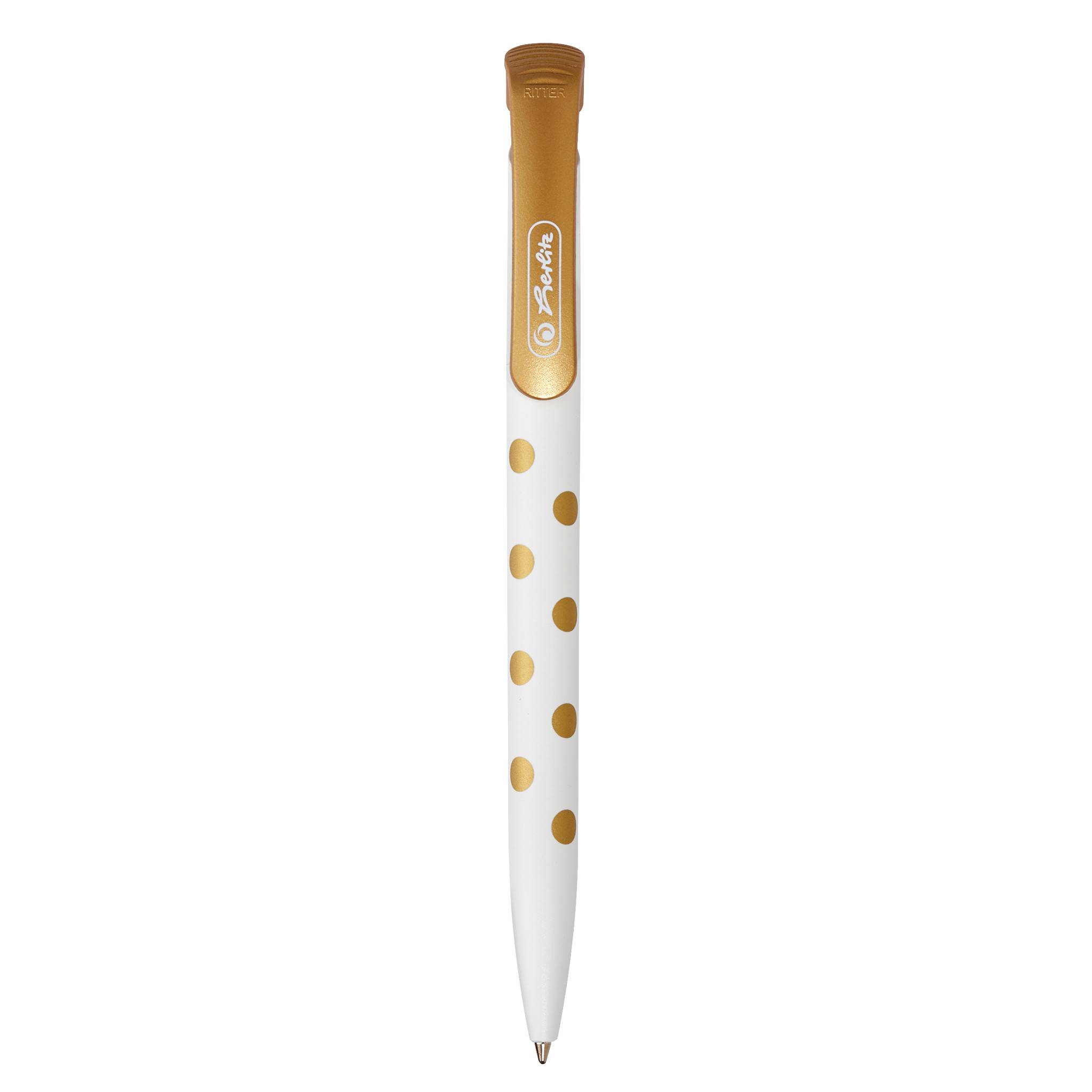 Weiß Kugelschreiber mit goldenem Verschluss und goldenen Polka Dots, vertikal auf einfachem Hintergrund dargestellt.