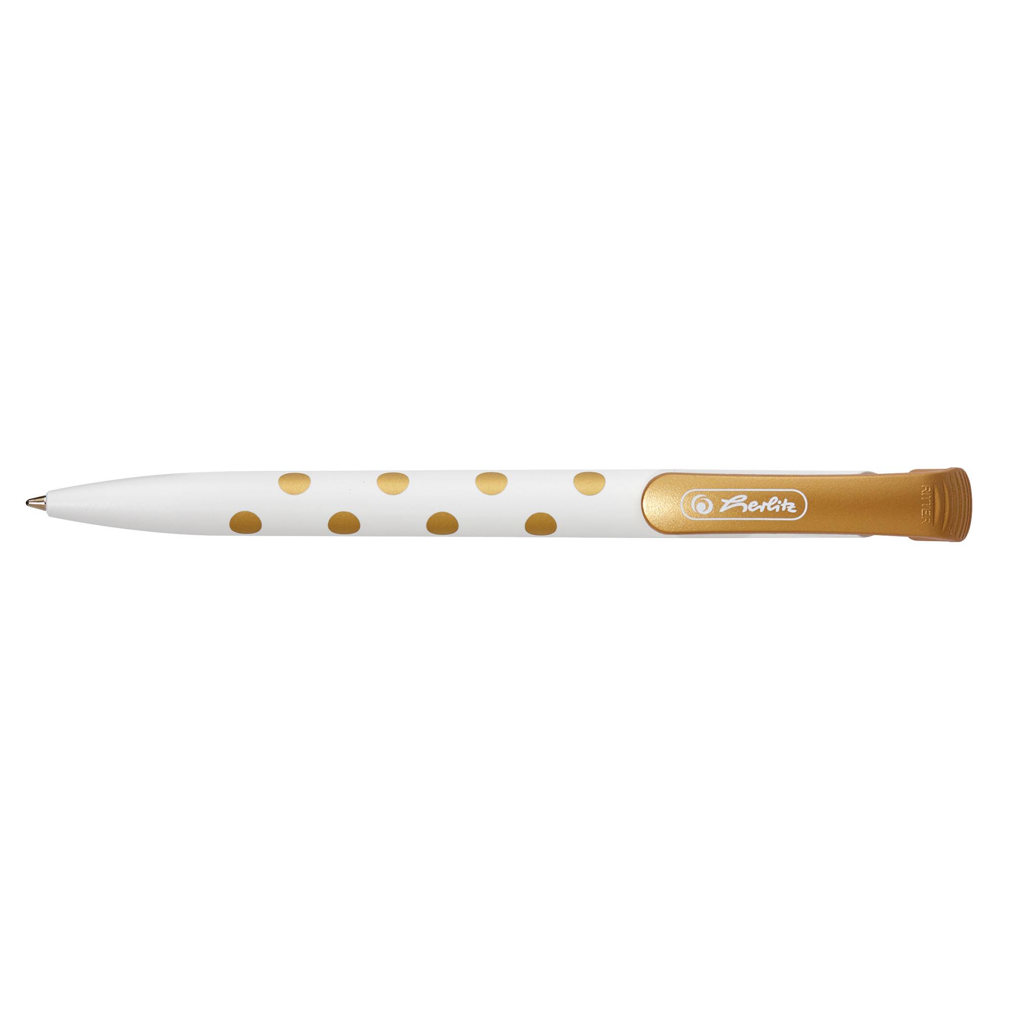 Kugelschreiber mit weißen und goldenen Polka Dots, goldenem Verschluss und Clip, gezeigt vor einfachem Hintergrund.