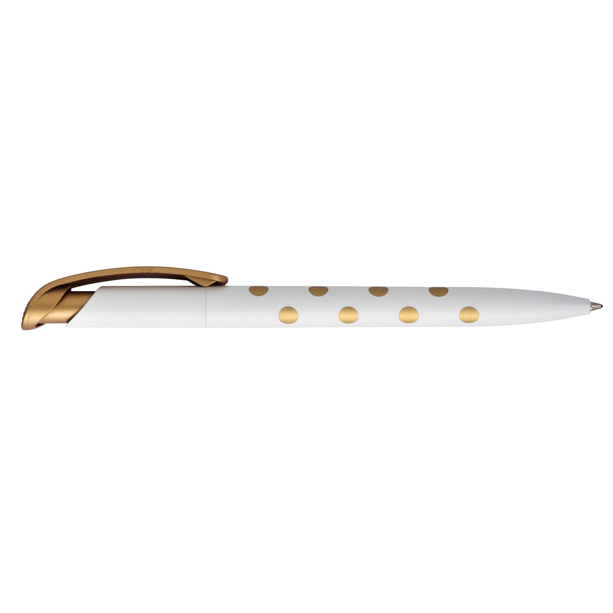 Weißer Stift mit goldenem Clip und goldenen Pünktchen auf einfachem weißem Hintergrund.