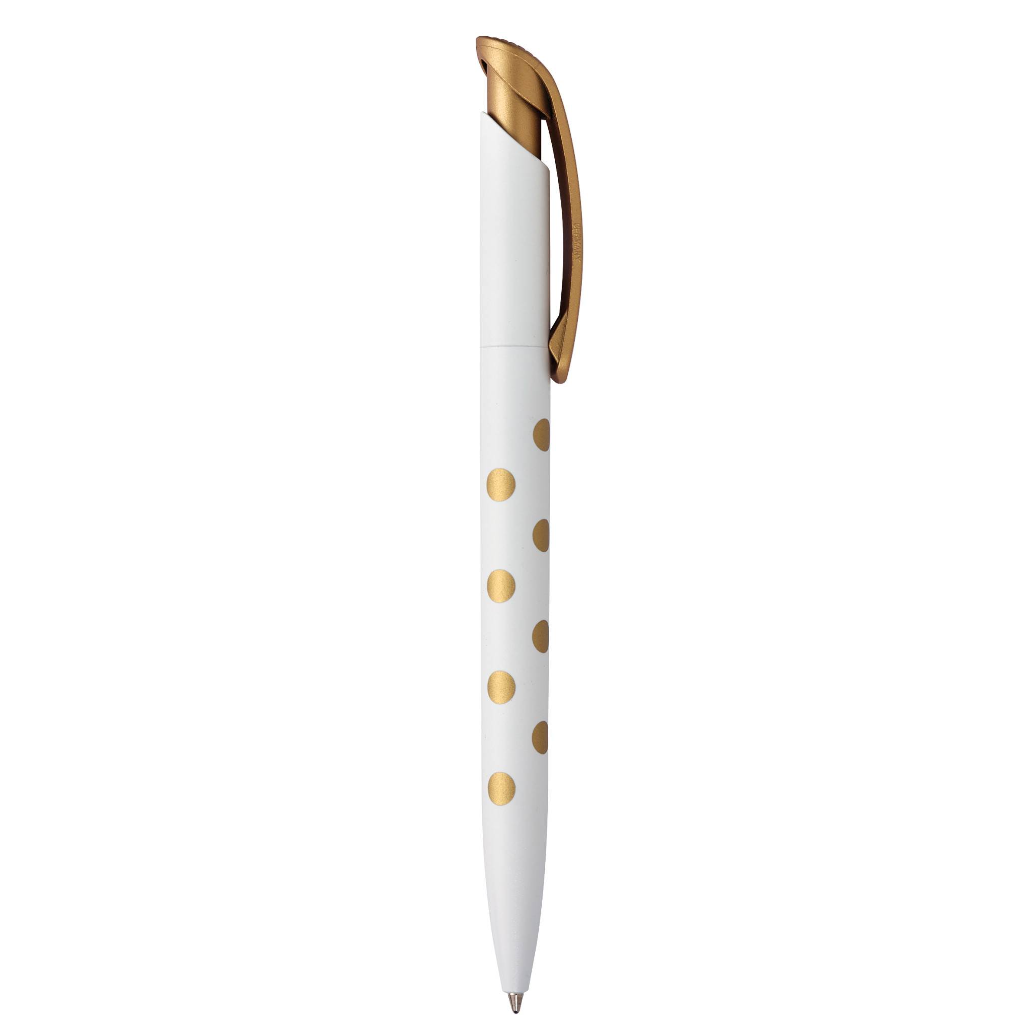 Weißer Kugelschreiber mit goldenen Polka-Punkten und goldenem Clip, aufrecht auf neutralem Hintergrund dargestellt.