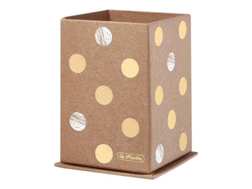 Braune Geschenktasche oder Schachtel mit weißen Punkten, quadratisch, mit passendem Tablett als Untergrund, verziert mit gold- und silberfarbenen Kreisen.