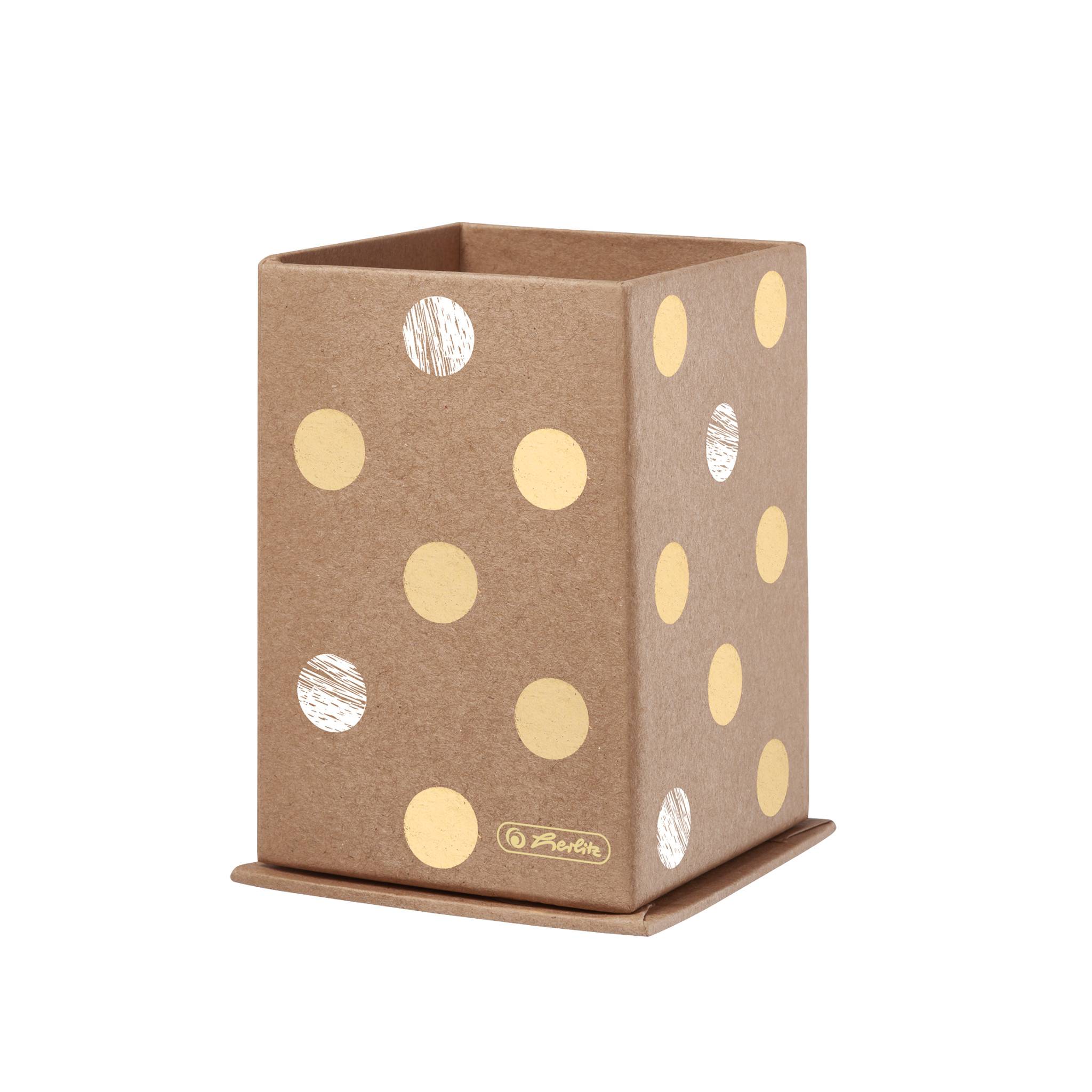 Brauner quadratischer Papier-Stifthalter mit goldenen und weißen Punkten, offene Oberseite, auf passendem Untersetzer