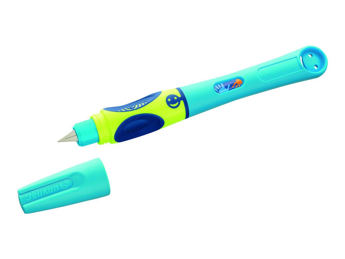 Türkisfarbener und limonengrüner Stift mit entfernter Kappe, diagonal auf weißem Hintergrund dargestellt.