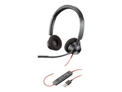 Schwarzes Over-Ear-Headset mit Boom-Mikrofon und USB-Kontrolkabel in Linie auf weißem Hintergrund.