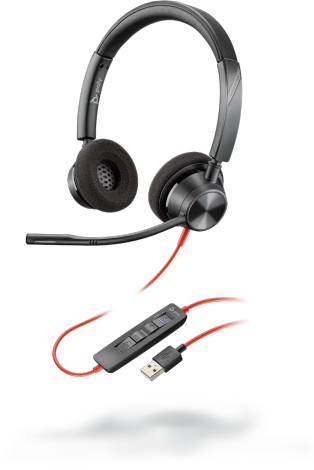Schwarzes Over-Ear-USB-Headset mit Boom-Mikrofon und Inline-Steuerung auf einem roten Kabel.